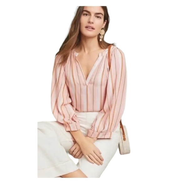 Anthropologie Maeve Blouse Small Pink Byron Striped Balloon Sleeve Boho Top - Picture 1 of 11